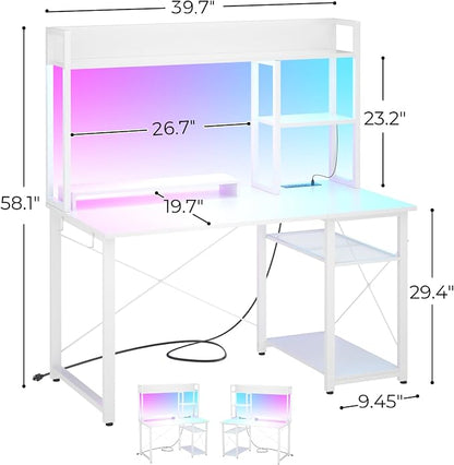 Cyclysio Gaming Desk with Hutch, 39'' Computer Desk with LED Lights & Power Outlets, Home Office Desk with Reversible 5 Tiers Storage Shelves & Monitor Stand, Small Gaming Table for Small Space, White