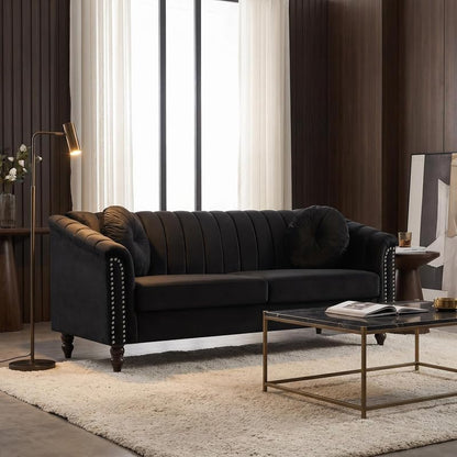 Velvet 3-Seater Sofa with Tufted Back & Nailhead Trim, Modern Vintage Couch with 2 Round Pillows, Luxury Comfy Upholstered Sofa for Living Room, Apartment, Office (Black)
