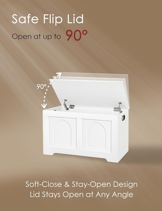DINZI LVJ Storage Chest, 31.5”Wooden Toy Box with 2 Safety Hinges, Entryway Storage Bench with Flip-Top, Sturdy Storage Trunk for Living Room, Bedroom, Easy Assembly, White