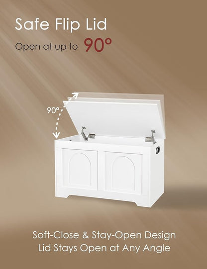 DINZI LVJ Storage Chest, 31.5”Wooden Toy Box with 2 Safety Hinges, Entryway Storage Bench with Flip-Top, Sturdy Storage Trunk for Living Room, Bedroom, Easy Assembly, White