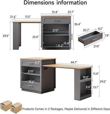 ONBRILL 76" Kitchen Islands with Extendable Dining Table, 2-4 Island Table with Double-Side Storage, Mobile Storage Islands Cart with Power Outlet & Spice Rack, Grey