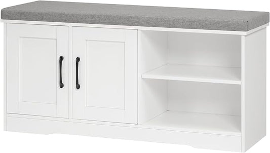 MAHANCRIS Storage Bench, 39.4" Wide Shoe Bench with Padded Seat Cushion, Entryway Bench with 2 Doors and Adjustable Shelf, End of Bed Bench, for Hallway, Bedroom, White and Gray BSWT1201