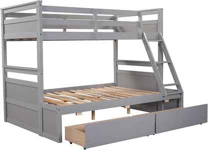 Twin Over Full Bunk Beds with 2 Under Bed Storage Drawers, Stronger & More Stable Bunkbed, Gray