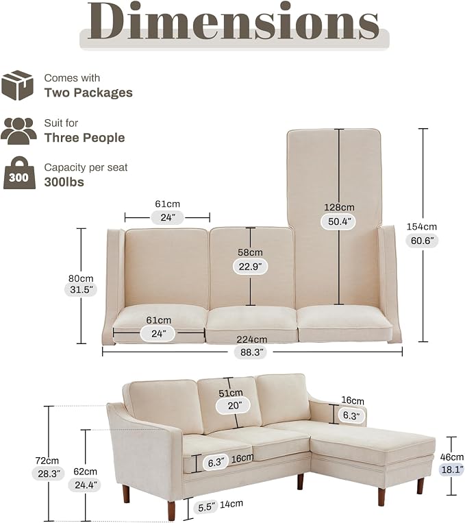 Kingfun 88" L-Shape Sofa, Chenille Sectional Couch, Mid Century Modern Couches with Solid Wood Frame for Living Room Bedroom