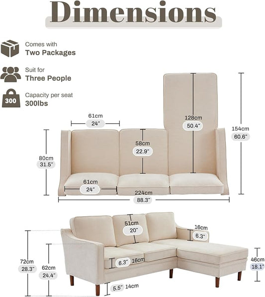 Kingfun 88" L-Shape Sofa, Chenille Sectional Couch, Mid Century Modern Couches with Solid Wood Frame for Living Room Bedroom