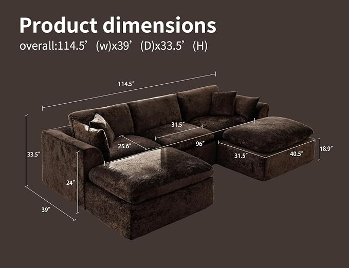 115" Modular Sectional Sofa – Modern Cloud Couch with Deep Chenille Seats, U-Shaped Boneless Sofa, Pet-Friendly, No Assembly, Brown (3 Seater + 2 Ottoman)