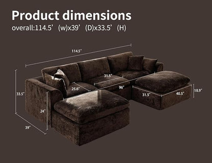 115" Modular Sectional Sofa – Modern Cloud Couch with Deep Chenille Seats, U-Shaped Boneless Sofa, Pet-Friendly, No Assembly, Brown (3 Seater + 2 Ottoman)