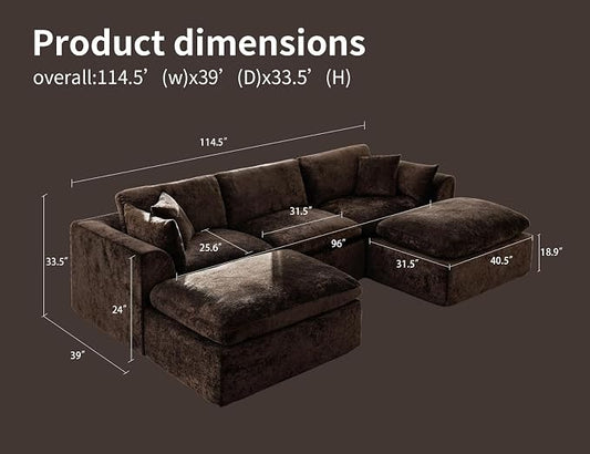 115" Modular Sectional Sofa – Modern Cloud Couch with Deep Chenille Seats, U-Shaped Boneless Sofa, Pet-Friendly, No Assembly, Brown (3 Seater + 2 Ottoman)