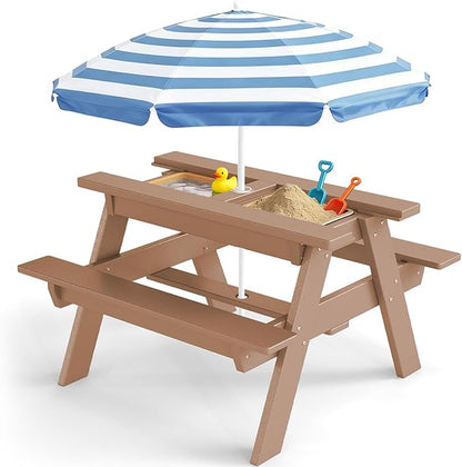 FOOWIN Kids 3-in-1 Sand & Water Table,HDPE Outdoor Convertible Picnic Table w/Detachable Tabletop, for Outdoor Backyard Patio Play Teak