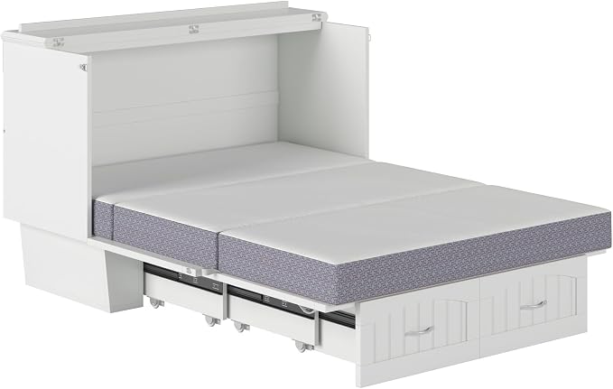 AFI, Nantucket Full Size Murphy Bed Chest with Mattress, Storage Drawer and Built-in USB Charger, White