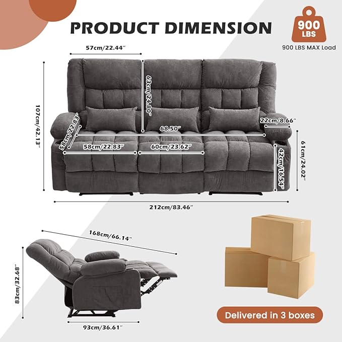 MAHOMICO Recliner Sofa with Cup Holders for Living Room 3 Seat Manual Oversized Recliner Chiar with Ergonomic, Side Pocket for Adult