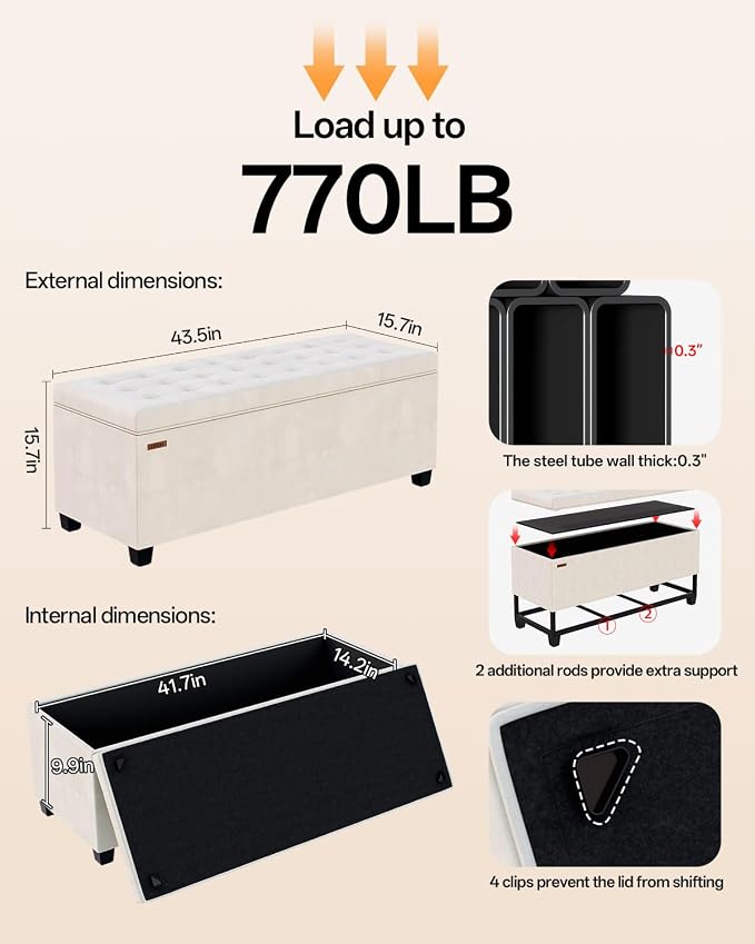 ABHENG Velvet Storage ottoman bench with legs,43.5”W x 15.7”D x 15.7”H,metal frame end of bed bench hold up to 770 LB,Large Storage Chest hold up to 770 LB,White UASND623W