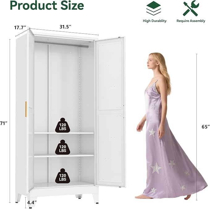 Metal Wardrobe Closet with Doors and Shelves, 71" Farmhouse Bedroom Armoire with Hanger Rod and Clothing Shelf, White Closet Cabinet for Hanging Clothes for Laundry Room Garage Dormitory