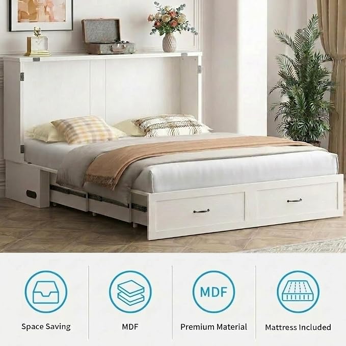 Mjkone Murphy Bed, Cabinet Beds Queen Size with Mattress Included, USB Charging Port, Drawer, Space Saving Queen Murphy Chest Bed, Hidden Cabinet Guest Wall Beds for Bedroom, Apartment, White