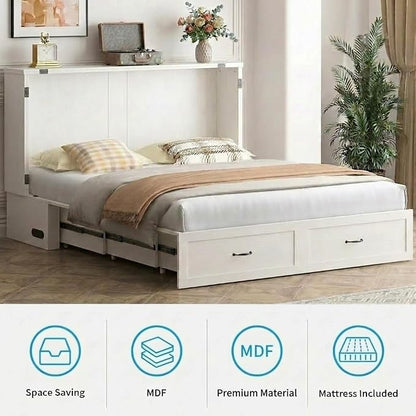Mjkone Murphy Bed, Cabinet Beds Queen Size with Mattress Included, USB Charging Port, Drawer, Space Saving Queen Murphy Chest Bed, Hidden Cabinet Guest Wall Beds for Bedroom, Apartment, White