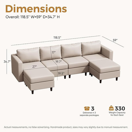 ABCASA Oversized Modular Sectional Sofa, 118.5" Faux Leather 6 Seater U Shaped Couch with Movable Ottoman and Storage Seat with Reversible Chaise Deep Seat for Living Room Whitesand