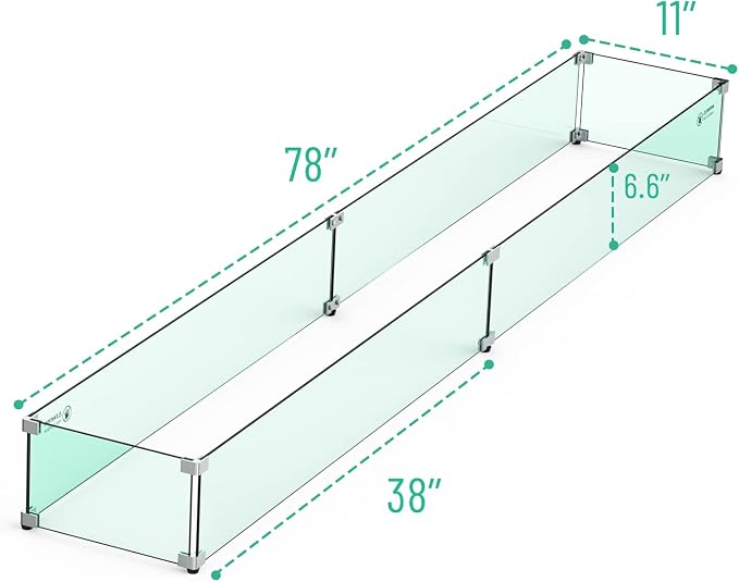 Skyflame Fire Pit Tempered Glass Wind Guard for Outdoor Linear Fire Pits, Thick/Clear Steady Feet Tree Gas Pit Guard / 78" x 11" Glass Shields for Propane, Outside Patio