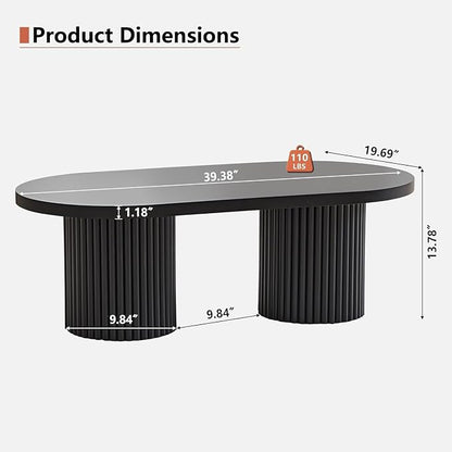 Small Fluted Coffee Table, Farmhouse Oval Wood Coffee Table Mid Century Modern Center Table Boho Living Room Tables for Living Room, Black