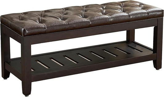 adochr PU Leather Large Rectangular Ottoman with Storage, Upholstered Entryway Bench for Living Room, Oversized Button Tufted Ottoman with Wood Shelf Storage, Dark Brown