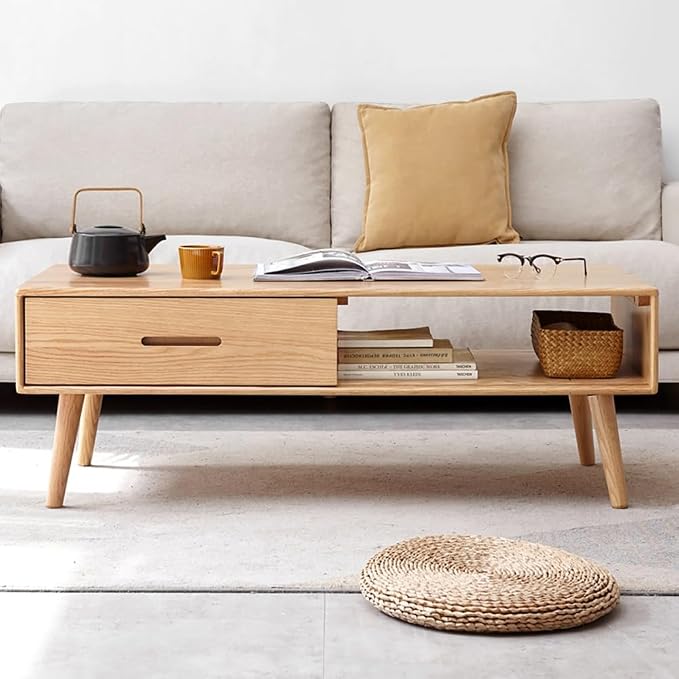 100% Solid Wood Coffee Table for Living Room, 39.37'' W Mid-Century Modern Coffee Table with Storage Shelf and 2 Drawers, Oak Coffee Tables for Home (Original Wood Color)