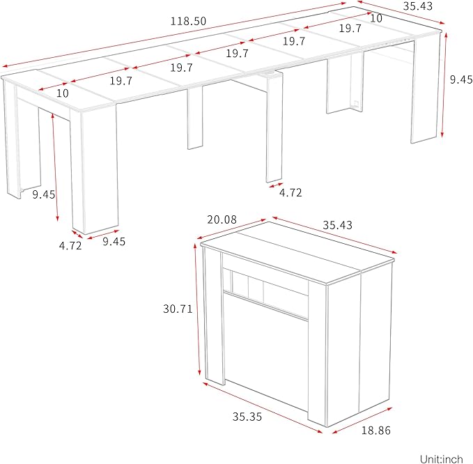 Transformer Dining Table for 12, 118” Expandable Marble Dining Room Table, Space Saving Console to Dining Table Marble & White