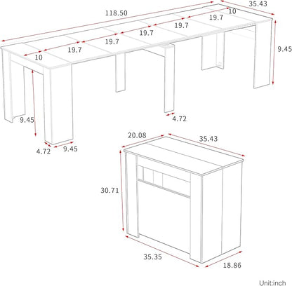 Transformer Dining Table for 12, 118” Expandable Marble Dining Room Table, Space Saving Console to Dining Table Marble & White