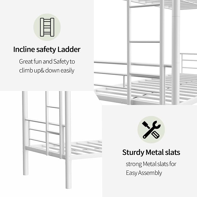 Twin Over Twin Metal Bunk Bed with Trundle,Can be Divided Into Two Bed with Ladder & Guard Rail for Adults,No Box Spring Needed, Noise Free (White)