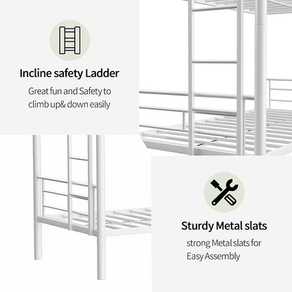 Twin Over Twin Metal Bunk Bed with Trundle,Can be Divided Into Two Bed with Ladder & Guard Rail for Adults,No Box Spring Needed, Noise Free (White)