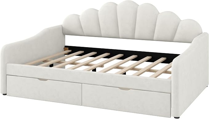 Ball & Cast Full Size Daybed with Two Storage Drawers,Velvet Upholstered Day Bed Frame Full with Shall Shaped Backrest and Wood Slat Support,No Box Spring Needed,Beige