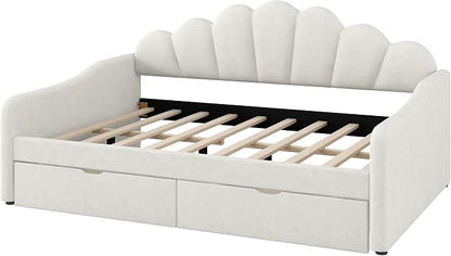 Ball & Cast Full Size Daybed with Two Storage Drawers,Velvet Upholstered Day Bed Frame Full with Shall Shaped Backrest and Wood Slat Support,No Box Spring Needed,Beige