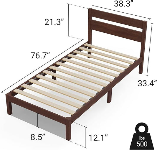LIFEMENT Twin Bed Frame with Headboard Classic Wood Platform, Noise Free, Under Bed Storage, No Box Spring Needed, Easy Assembly, Walnut