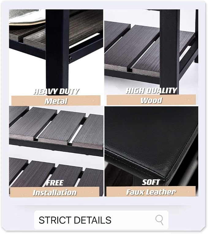 Finnhomy 3-Tier Shoe Rack Bench Cushion. Holds Up to 400 lb Rack, for Entryway, Bedroom, Hallway, Accent Furniturn, Elegant Black Wood
