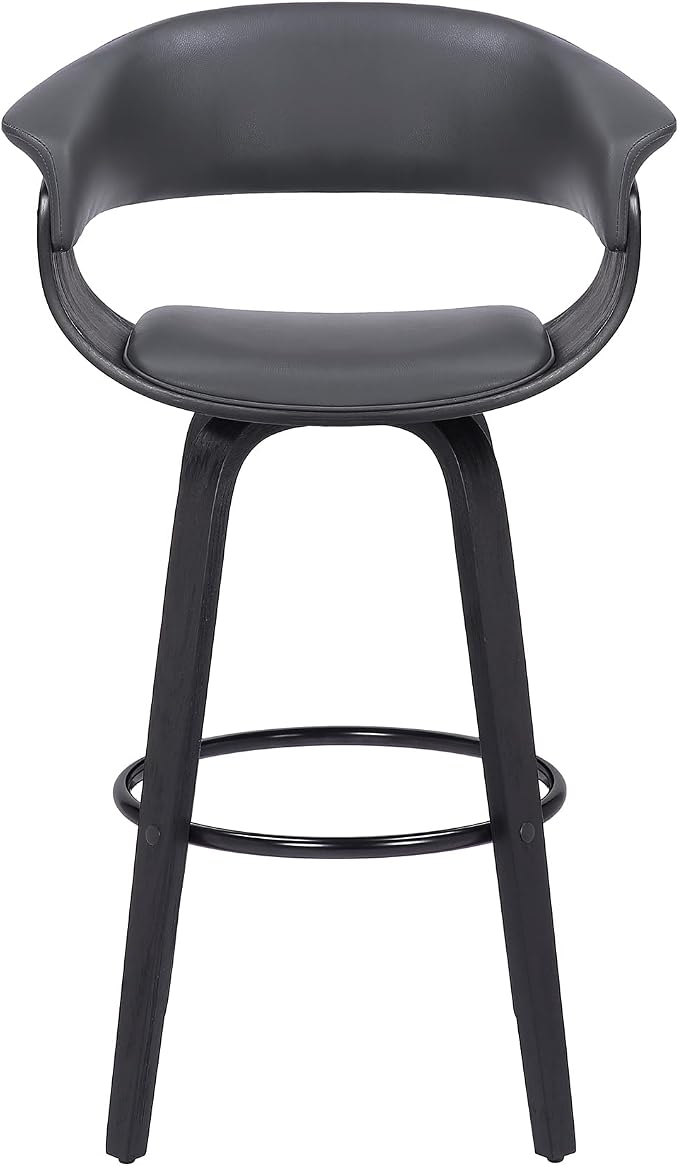 Armen Living Julyssa Mid Century Modern Swivel Bar Stool for Kitchen Island Counter in Gray Faux Leather and Black Wood, 26" Seat Height