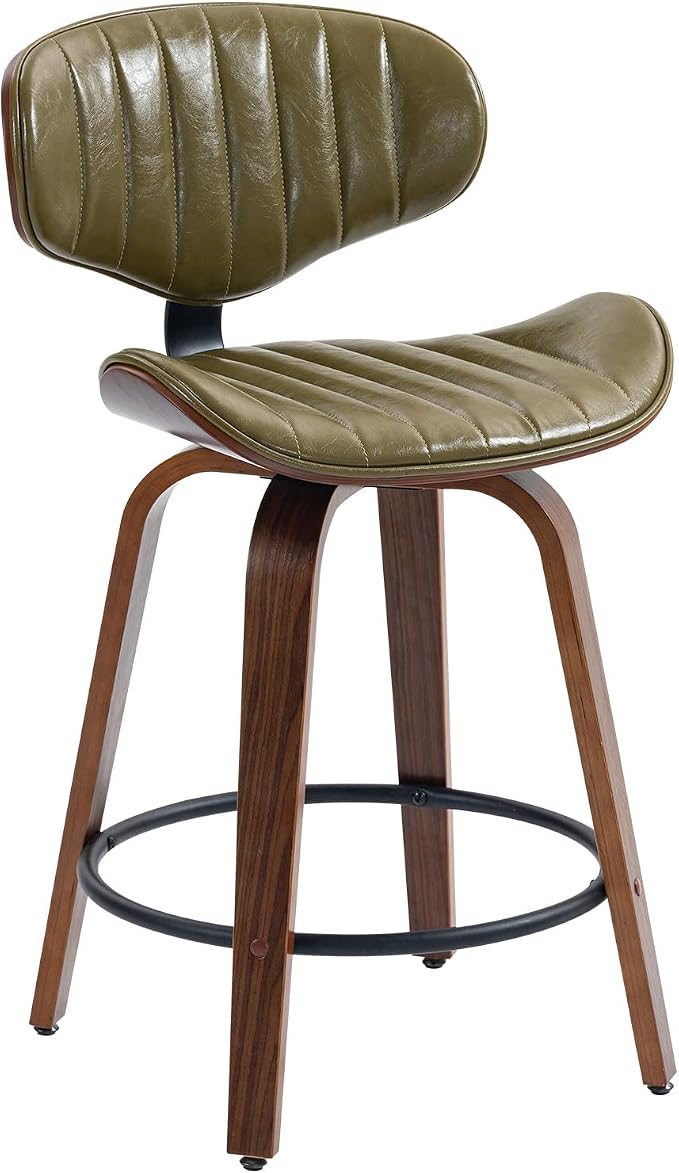 Modern Bar Stools, 24 inch PU Leather Wooden Bentwood Swivel Barstools Counter Height Breakfast Bar Chairs with Backrest and Footrest for Kitchen Island, Dining Room, Bar D035-Olive Green-1