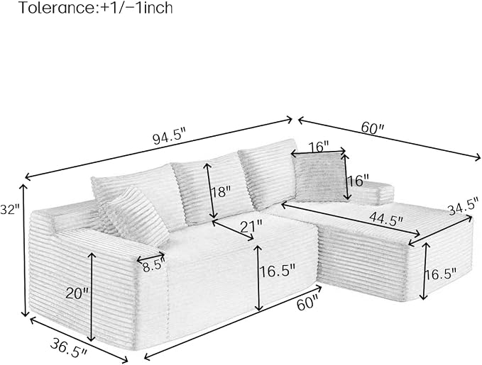 95" L-Shaped Cloud Sectional Couch, Right Facing Modular Compressed Boneless Sectional Sofa with Chaise Lounge, Plush Corduroy Boneless Corner Sofa for Living Room
