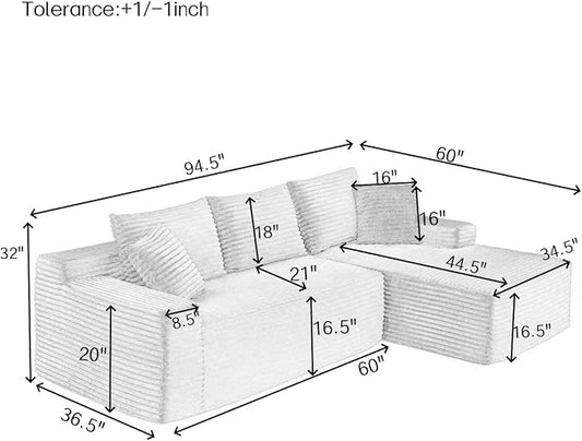 95" L-Shaped Cloud Sectional Couch, Right Facing Modular Compressed Boneless Sectional Sofa with Chaise Lounge, Plush Corduroy Boneless Corner Sofa for Living Room