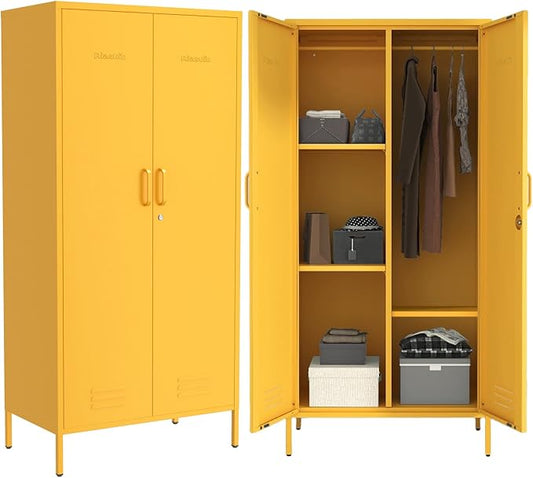 Industrial 67" Yellow Lockable Metal 2-Door Storage Cabinet, Multi-Purpose Wardrobe with Hanging Rod & Adjustable Shelves, Heavy Duty for Bedroom, Garage, Home Office 67"H X 31.5"W X 18.1"D