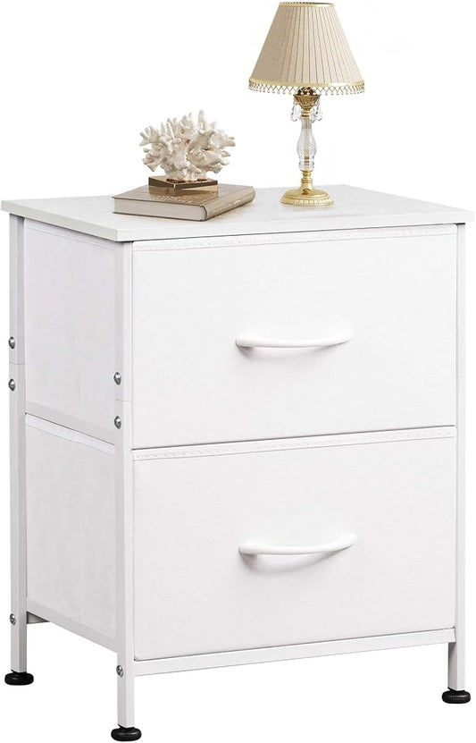 WLIVE White Night Stand, Small Dresser with 2 Drawers & Wooden Top, Nightstand with Fabric Bins, Bedside Table End Table for Bedroom, Closet, Entryway, College Dorm, White