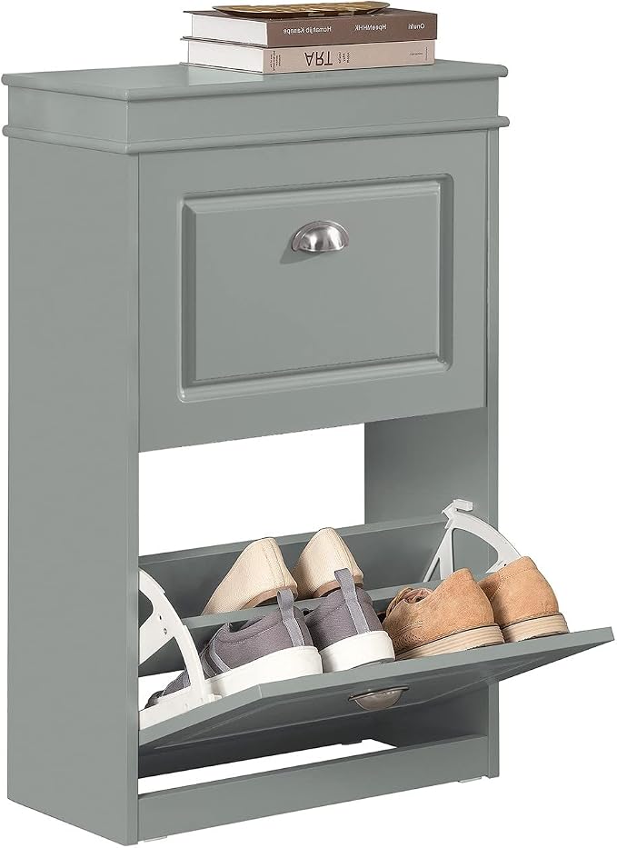 Haotian Small Shoe Cabinet, Grey 2 Flip Drawers Freestanding Shoe Rack, Shoe Storage Cupboard Organizer (9.45" D x 20.87" W x 32.28" H), FSR78-HG