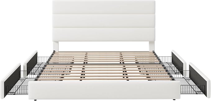 Allewie Modern King Size Platform Bed Frame with 4 Storage Drawers and Velvet Upholstered Headboard, Wooden Slats Support, Upholstered Mattress Foundation/No Box Spring Needed/Easy Assembly, White