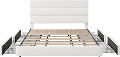 Allewie Modern King Size Platform Bed Frame with 4 Storage Drawers and Velvet Upholstered Headboard, Wooden Slats Support, Upholstered Mattress Foundation/No Box Spring Needed/Easy Assembly, White