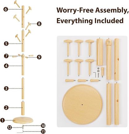 Taitiy Solid Wood Coat Rack Freestanding Coat Tree with 10 Hooks for Bedroom, Livingroom, Entryway, Sturdy Coat Hanger Stand for Hats, Coats, Scarves, Handbags, Purses