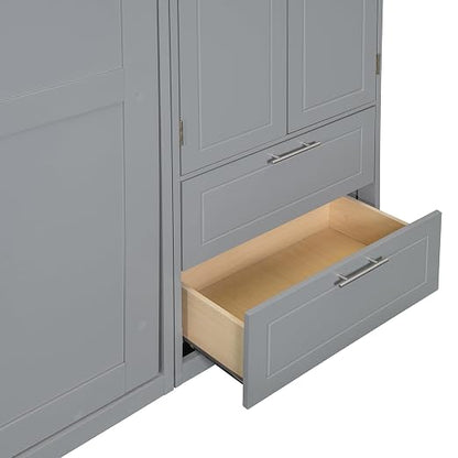 Murphy Bed Queen Size,Murphy Bed with Top Cabinet and Shelves,Space-Saving Multifunctional Hideaway Wall Foldable Bed w/Slat Support,Bedroom Folding Bedframe for Guest Room,Gray