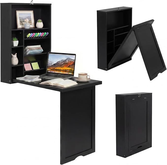 Tangkula Folding Wall Mounted Desk, Convertible Fold Out Floating Table with Storage Shelves, Space-Saving Drop Leaf Table, Murphy Desk for Craft, Study, Small Spaces, Home Office, Dorm, Black