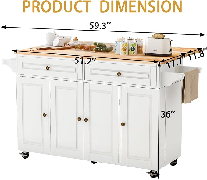 59 Kitchen Island Cart with Drop Leaf Breakfast Bar, Rolling Mobile Kitchen Island Table on Wheels with Storage Cabinet, Drawer, Spice/Towel Rack, White