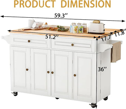 59 Kitchen Island Cart with Drop Leaf Breakfast Bar, Rolling Mobile Kitchen Island Table on Wheels with Storage Cabinet, Drawer, Spice/Towel Rack, White