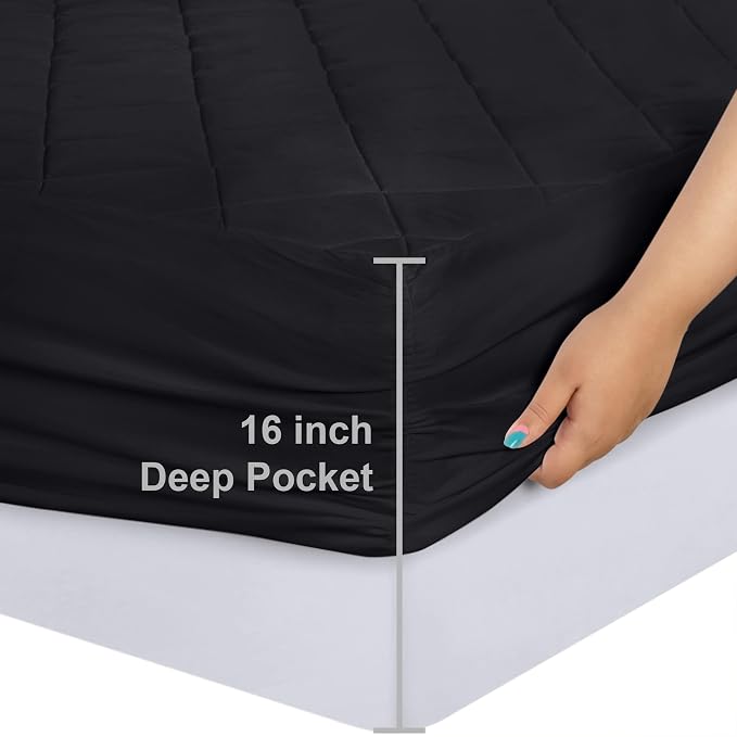 Quilted Fitted Mattress Pad, King Mattress Protector Topper with Deep Pocket Stretches up to 16 Inches, Machine Washable Mattress Cover by Utopia Bedding (Black)