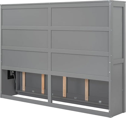 Ball & Cast Full Size Murphy Bed,Hideaway Beds with Dual Piston Metal Folding Mechanism Designed,Wood Wall Cabinets Bedframe w/Slat Support and Storage Platform Top,Hardware Chain,for Apartment,Gray