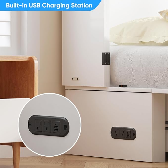 PUREMIND Queen Murphy Bed Cabinet, Multi-Functional Hideaway Cabinet Bed with Storage Drawer, USB Charging Ports and Folding Bedside Panel, Space Saving Chest Beds Wallbed for Guest Room, No Mattress