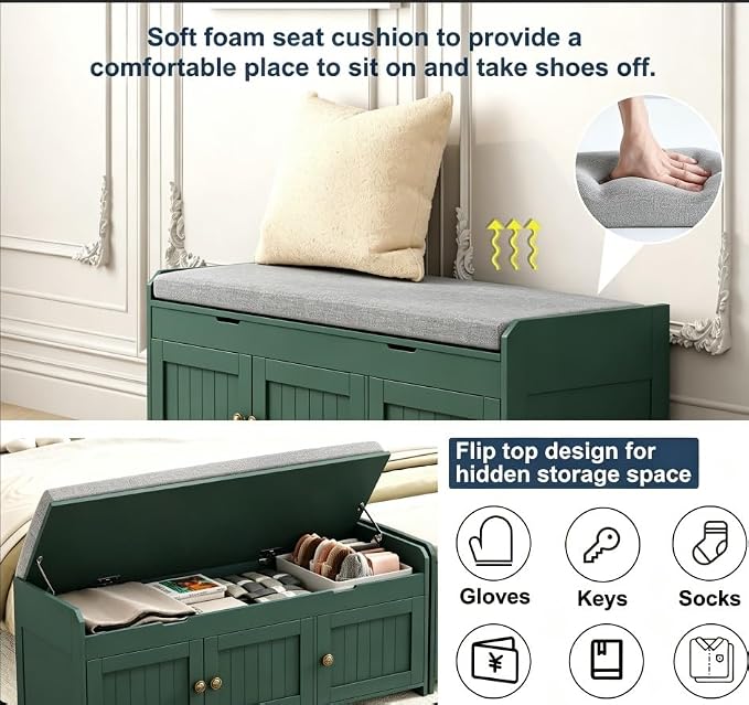 HOMEFORT 41.3" Shoe Bench with Lift Top Storage, Entryway Bench with Cushioned Seat, Wooden End of Bed Bench, Shoe Cabinet Bench with Hidden Storage Space, for Bedroom, Hallway,Green